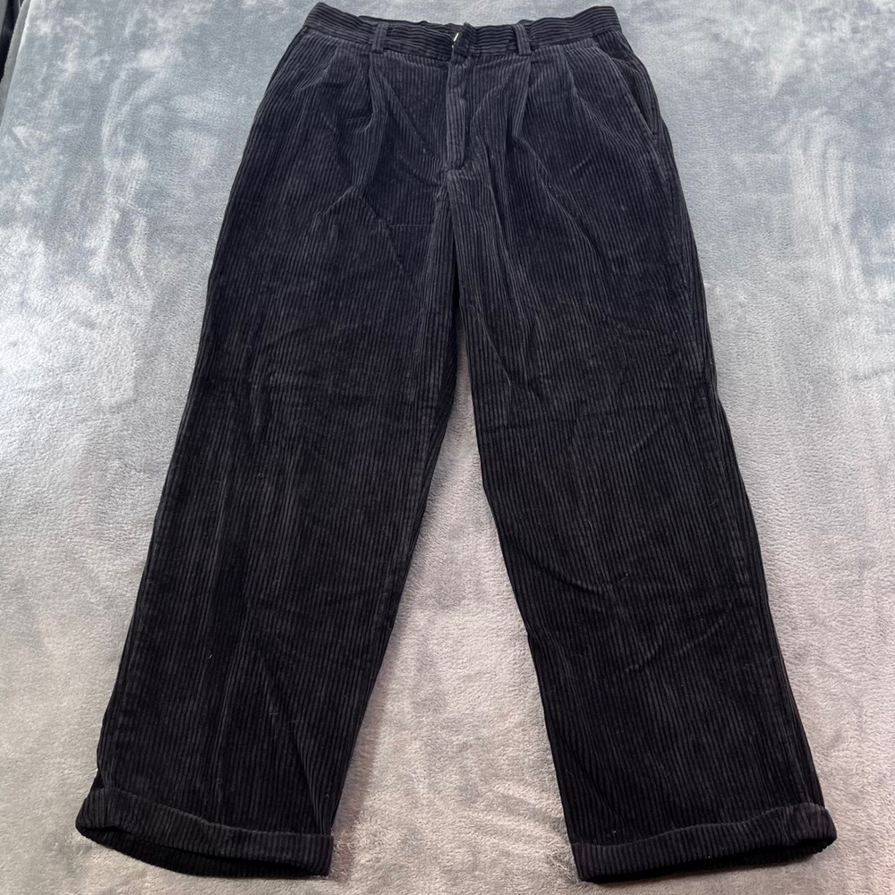 Perry Ellis Mens Black Corduroy Pleated Straight Leg Pants 32x30 Cotton